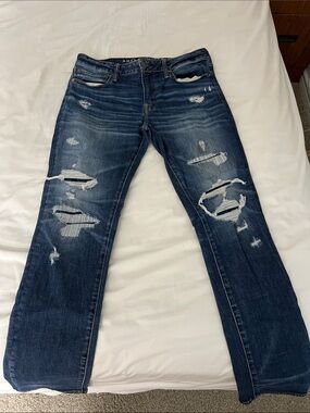 34x34 Men American Eagle Outfitters Dark Blue Distressed Skinny Leg Jeans